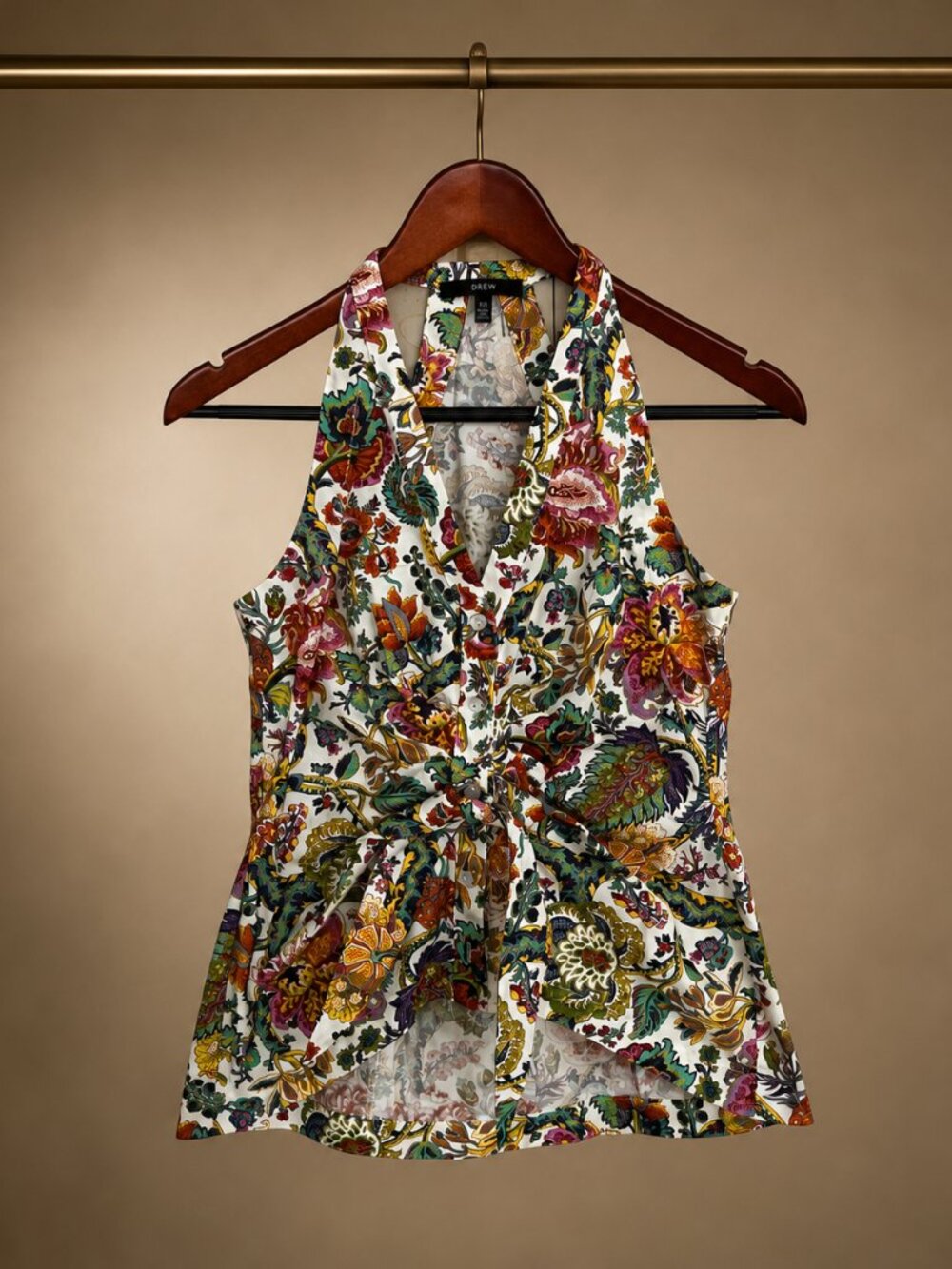 DREW Womens XS Floral Halter Top Sleeveless Button Front Tie Waist Made USA